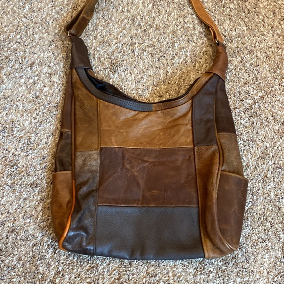 Genuine Leather Hobo Purse Adjustable Strap Brown Patchwork - Picture 4 of 9